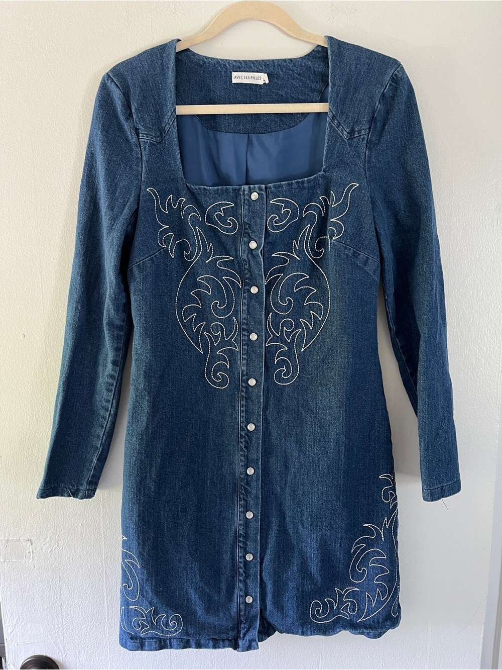 Avec Les Filles Dark Blue Embroidered Denim Button-Front Dress